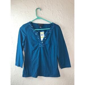 NWT INC Med Turquise Mattisse Top 3/4 Slvs Embellished V-Neck Cotton/Spandex M